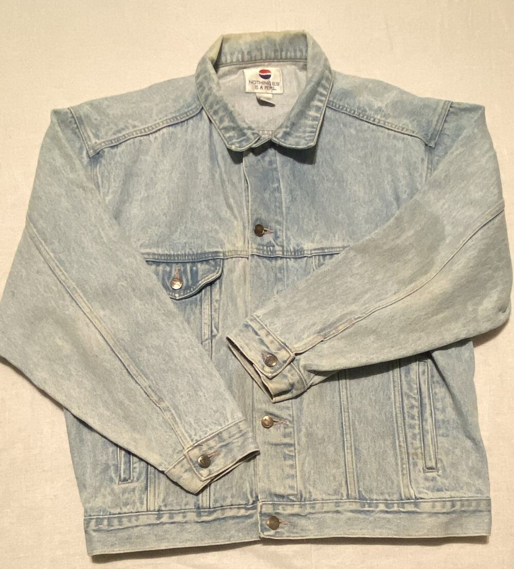 Pepsi Men's Blue Denim Jacket Button Front Logo Pockets Point Collar Size XL